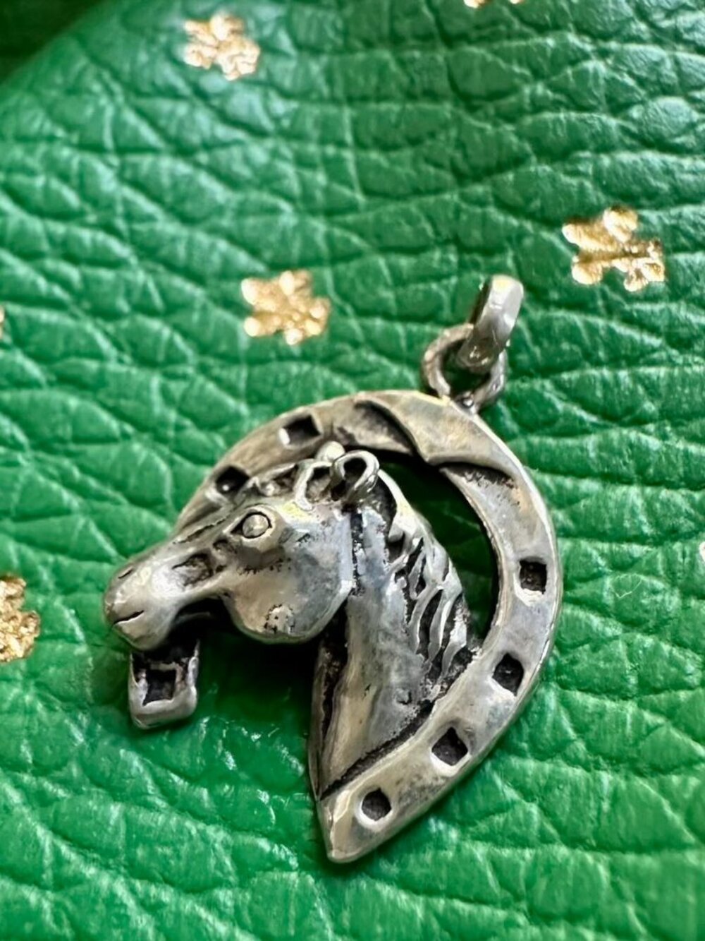 Vintage Equestrian Lucky Horsehead Horseshoe Silver pendant charm .925 EUC